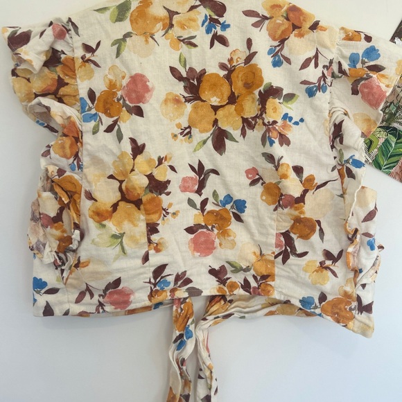 Abercrombie & Fitch Multicolor Floral Ruffle front tie‎ linen blouse size L - Picture 4 of 5